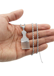 White Gold Plated Cuban Link Chain & Comb Pendant | Appx. 18 Grams