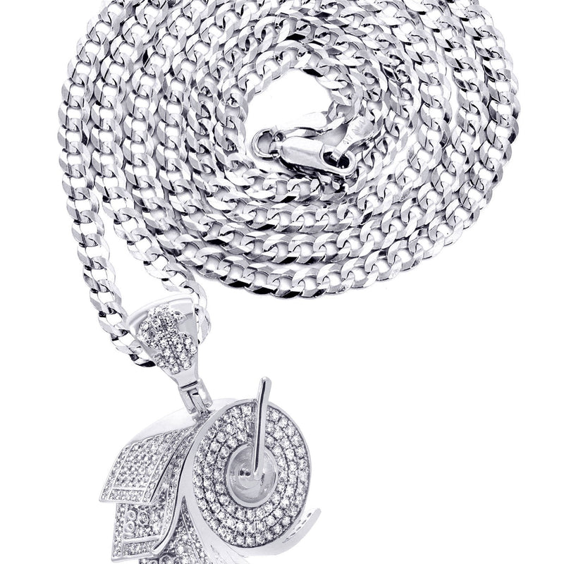 White Gold Plated Cuban Link Chain & Money Roll Pendant | Appx. 18 Grams