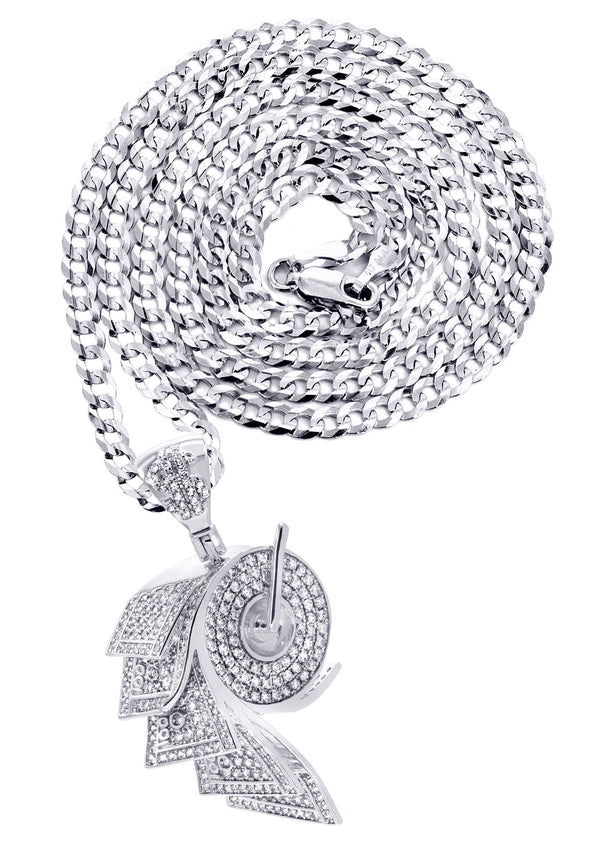White Gold Plated Cuban Link Chain & Money Roll Pendant | Appx. 18 Grams