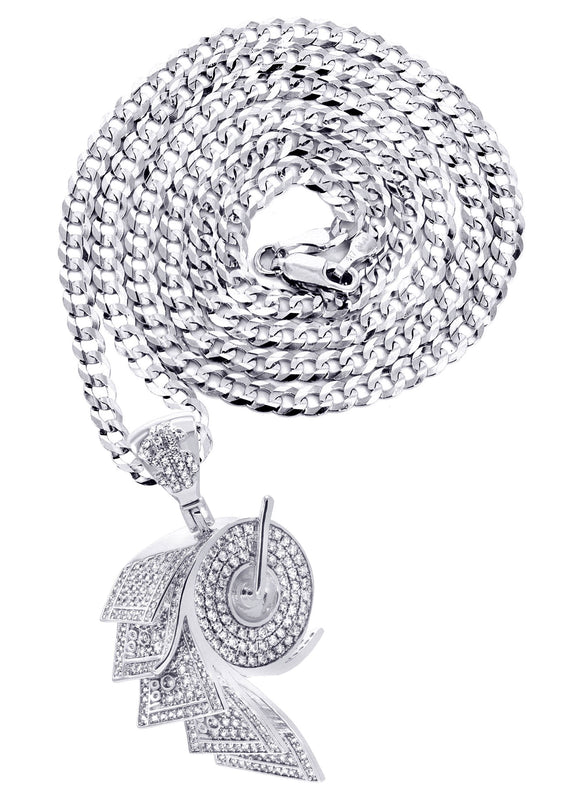 White Gold Plated Cuban Link Chain & Money Roll Pendant | Appx. 18 Grams