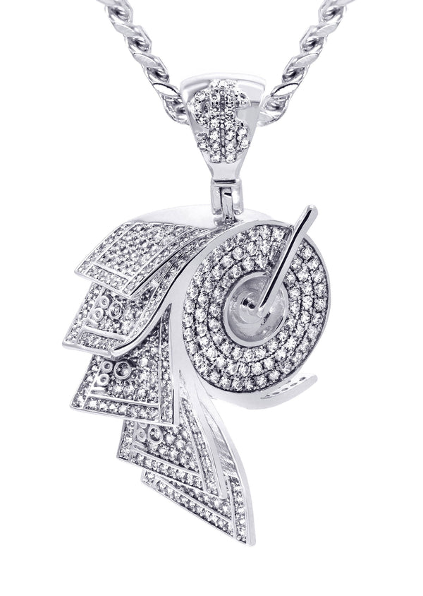 White Gold Plated Cuban Link Chain & Money Roll Pendant | Appx. 18 Grams