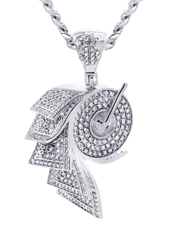 White Gold Plated Cuban Link Chain & Money Roll Pendant | Appx. 18 Grams