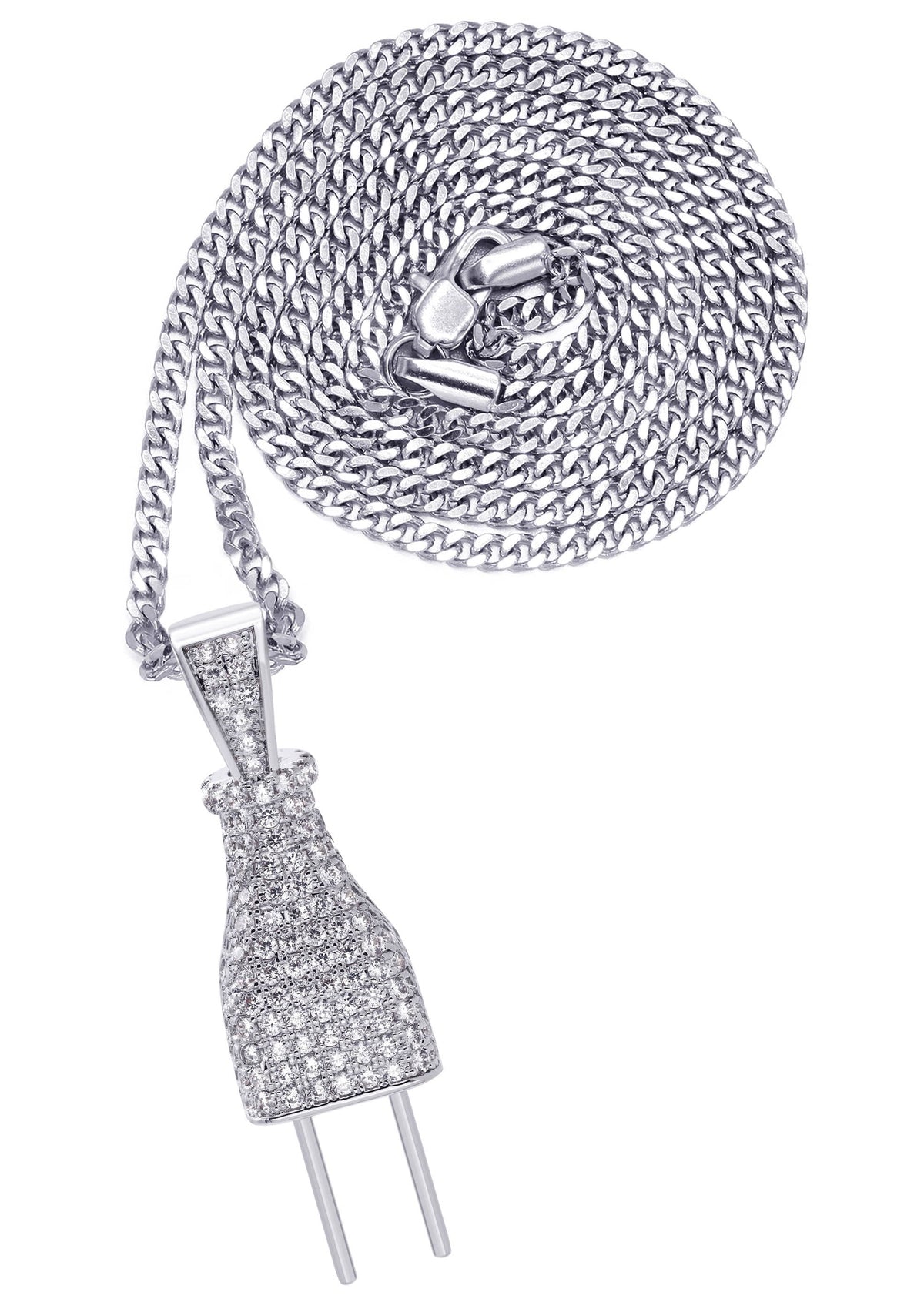 White Gold Plated Cuban Link Chain & Plug Pendant | Appx. 22.7 Grams