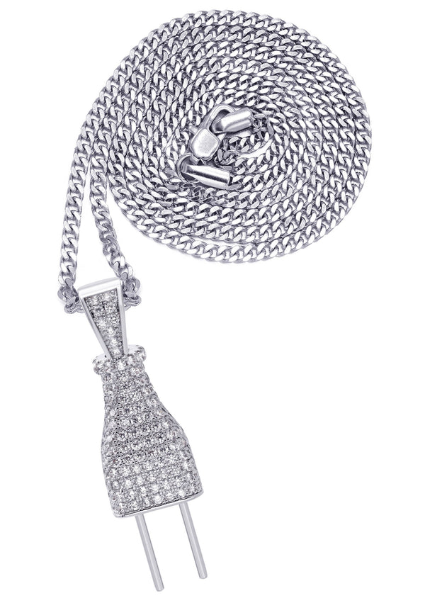 White Gold Plated Cuban Link Chain & Plug Pendant | Appx. 22.7 Grams