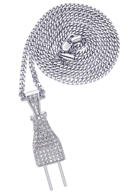White Gold Plated Cuban Link Chain & Plug Pendant | Appx. 22.7 Grams