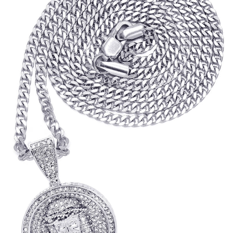 White Gold Plated Cuban Link Chain & Jesus Head Pendant | Appx. 15 Grams