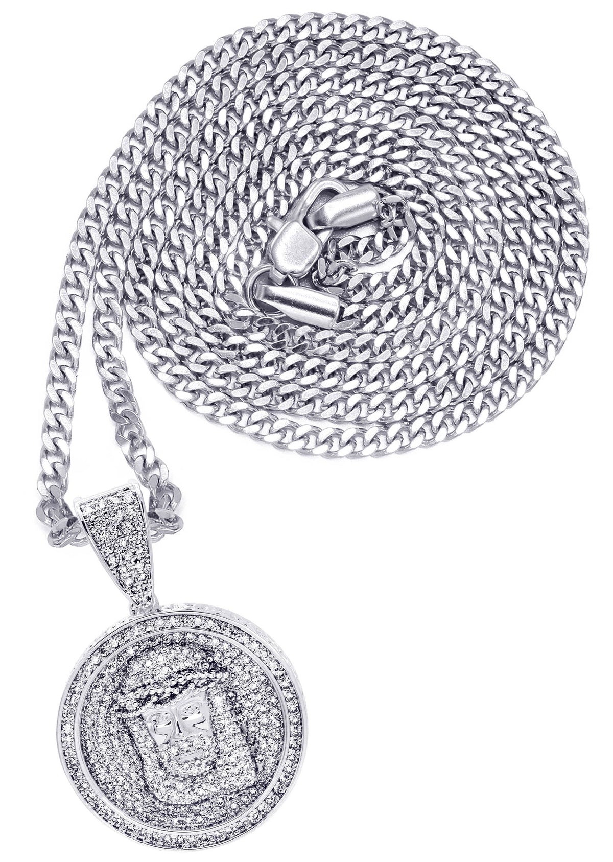 White Gold Plated Cuban Link Chain & Jesus Head Pendant | Appx. 15 Grams