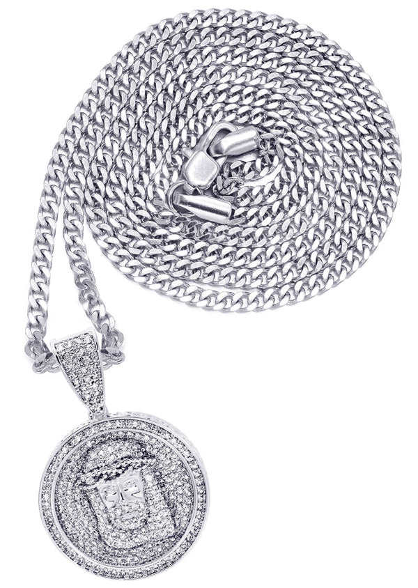 White Gold Plated Cuban Link Chain & Jesus Head Pendant | Appx. 15 Grams