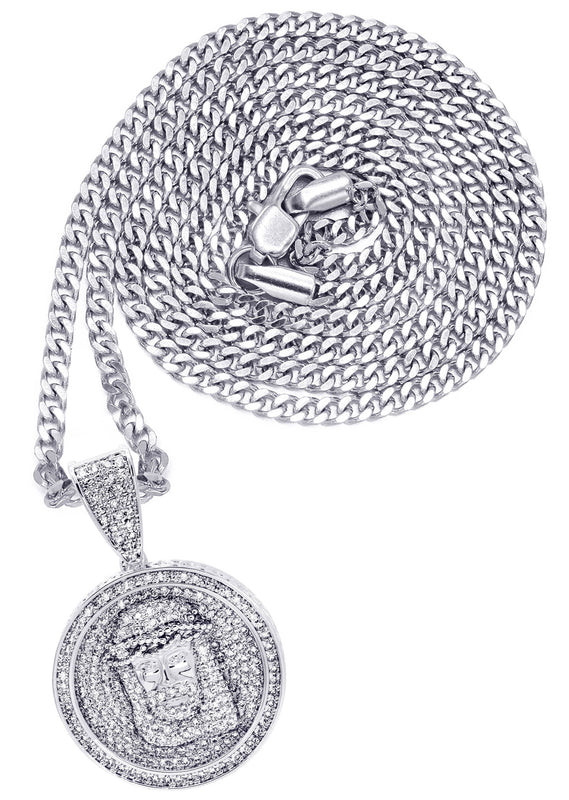 White Gold Plated Cuban Link Chain & Jesus Head Pendant | Appx. 15 Grams
