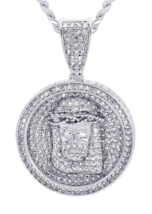 White Gold Plated Cuban Link Chain & Jesus Head Pendant | Appx. 15 Grams