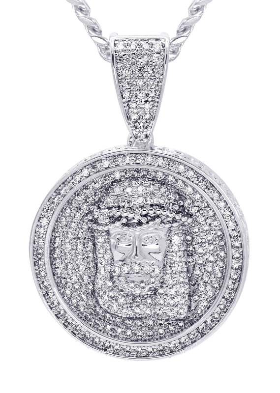 White Gold Plated Cuban Link Chain & Jesus Head Pendant | Appx. 15 Grams