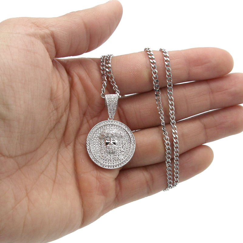 White Gold Plated Cuban Link Chain & Jesus Head Pendant | Appx. 15 Grams