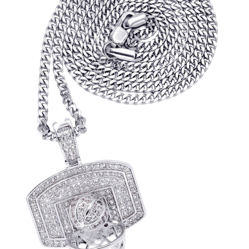 White Gold Plated Cuban Link Chain & Basketball Pendant | Appx. 27.3 Grams