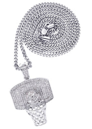 White Gold Plated Cuban Link Chain & Basketball Pendant | Appx. 27.3 Grams