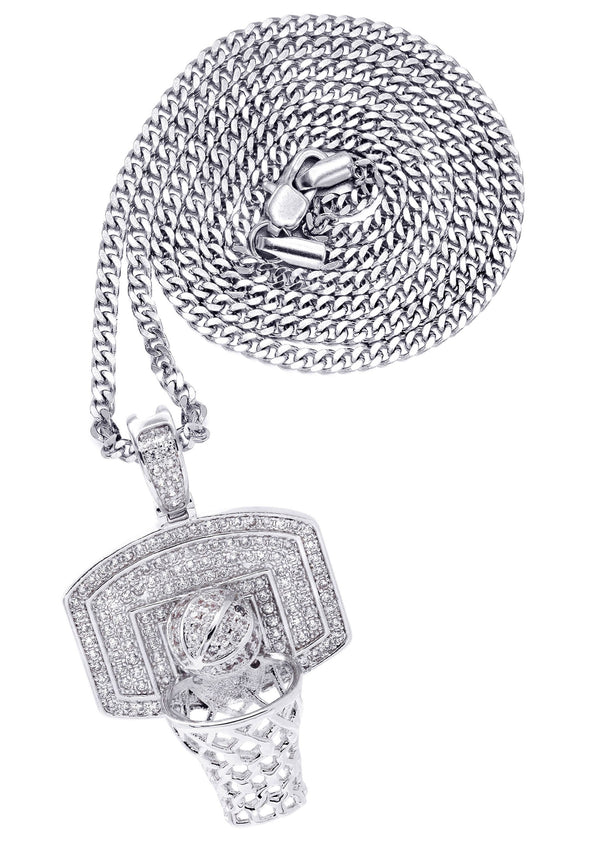 White Gold Plated Cuban Link Chain & Basketball Pendant | Appx. 27.3 Grams