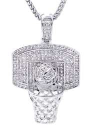 White Gold Plated Cuban Link Chain & Basketball Pendant | Appx. 27.3 Grams
