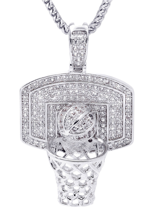 White Gold Plated Cuban Link Chain & Basketball Pendant | Appx. 27.3 Grams