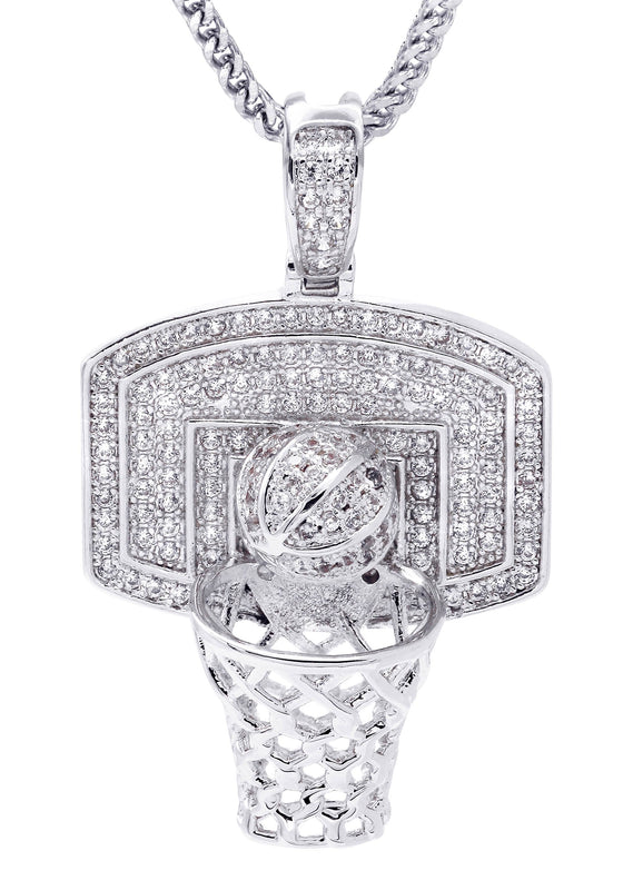 White Gold Plated Cuban Link Chain & Basketball Pendant | Appx. 27.3 Grams