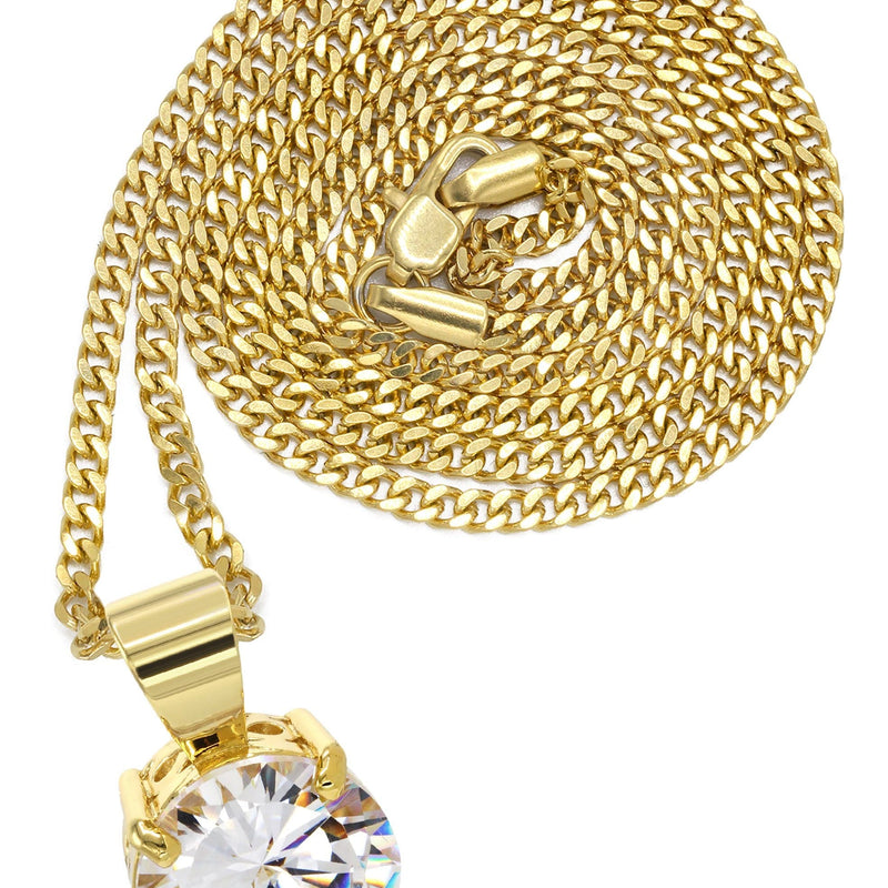 Mens Gold Plated Cuban Link Chain & Cubic Zirconia Pendant | Appx. 16.3 Grams