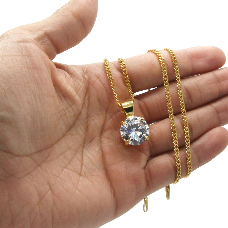 Mens Gold Plated Cuban Link Chain & Cubic Zirconia Pendant | Appx. 16.3 Grams