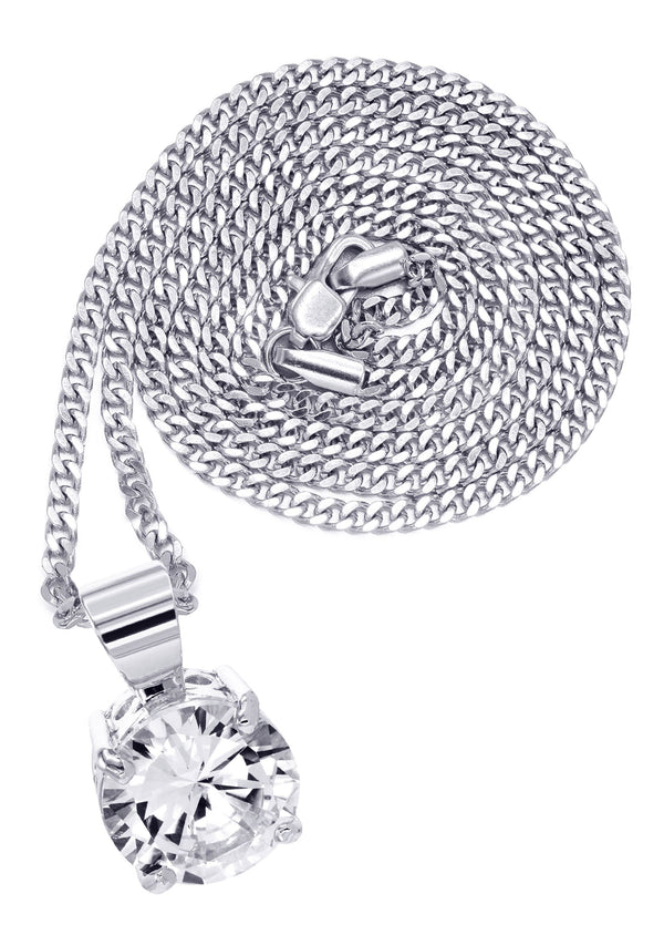 White Gold Plated Cuban Link Chain & Cubic Zirconia Pendant | Appx. 16.3 Grams