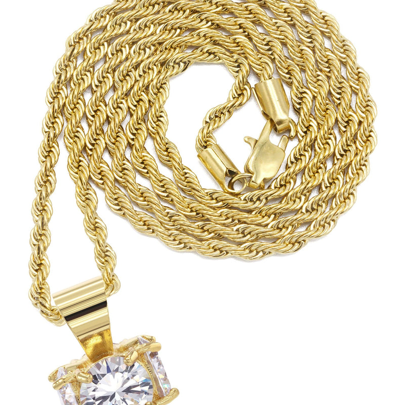 Mens Gold Plated Rope Chain & Cubic Zirconia Pendant | Appx. 19 Grams