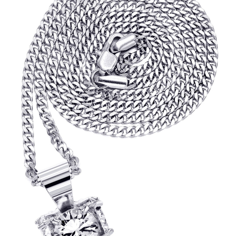 White Gold Plated Cuban Link Chain & Cubic Zirconia Pendant | Appx. 19 Grams