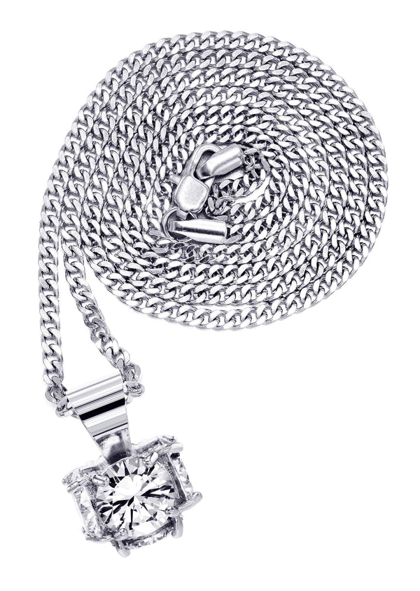 White Gold Plated Cuban Link Chain & Cubic Zirconia Pendant | Appx. 19 Grams