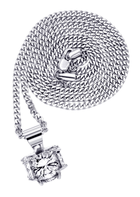 White Gold Plated Cuban Link Chain & Cubic Zirconia Pendant | Appx. 19 Grams