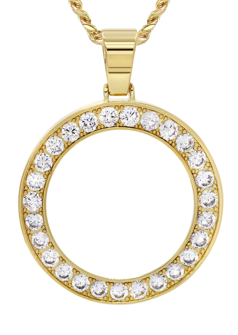 Mens Gold Plated Cuban Link Chain & Circle Pendant | Appx. 25 Grams