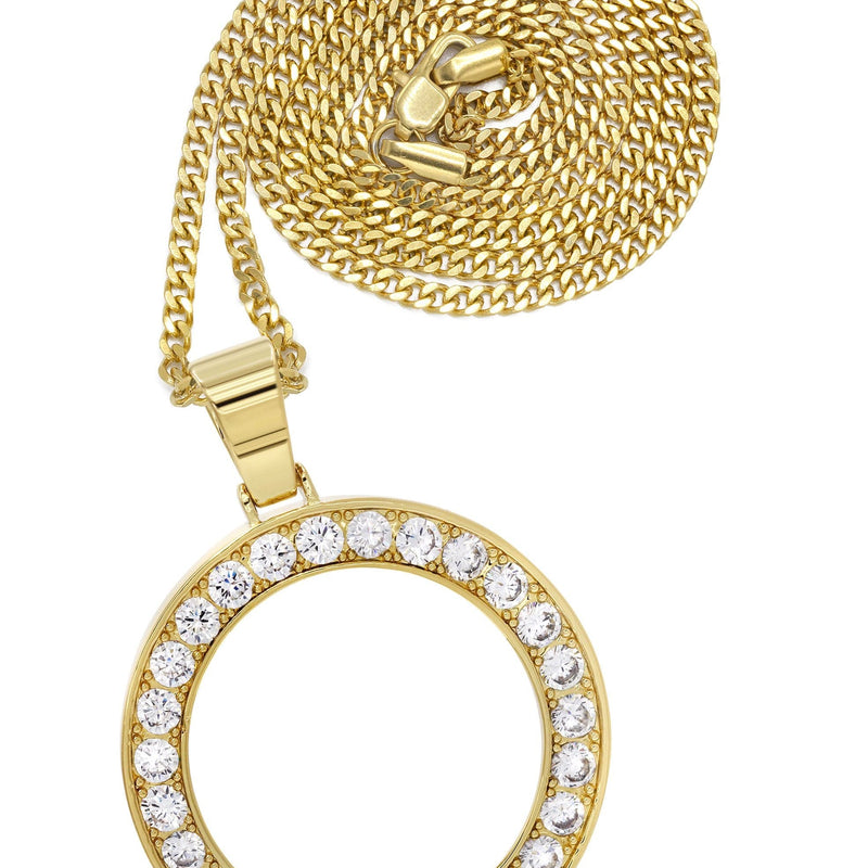 Mens Gold Plated Cuban Link Chain & Circle Pendant | Appx. 25 Grams
