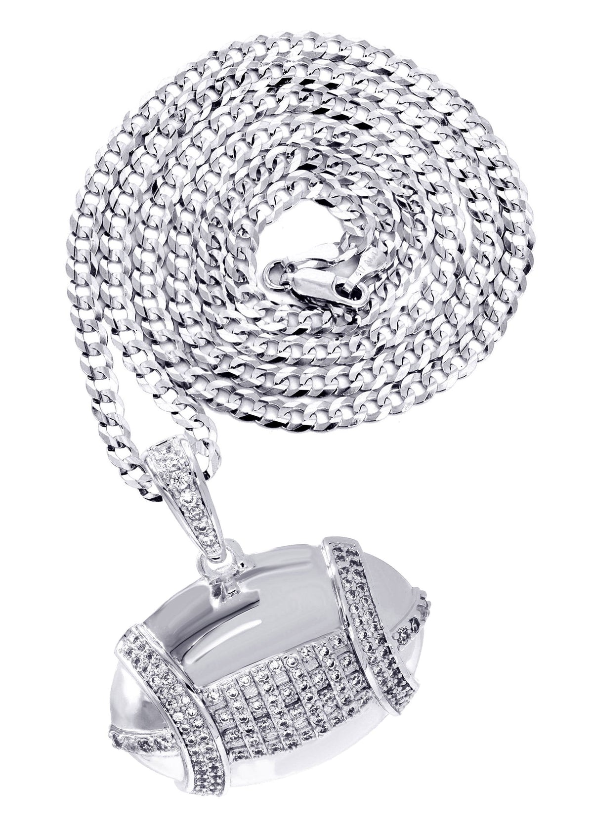 White Gold Plated Cuban Link Chain & Football Pendant | Appx. 15.3 Grams