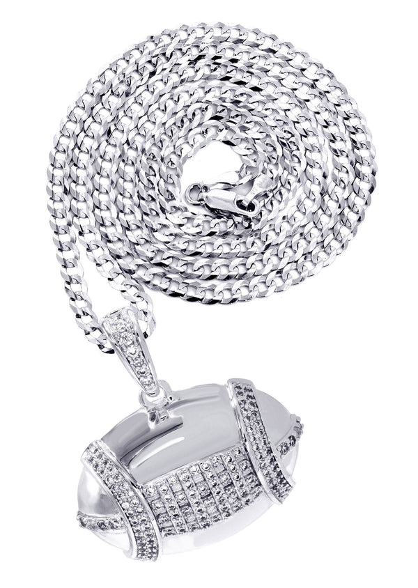 White Gold Plated Cuban Link Chain & Football Pendant | Appx. 15.3 Grams