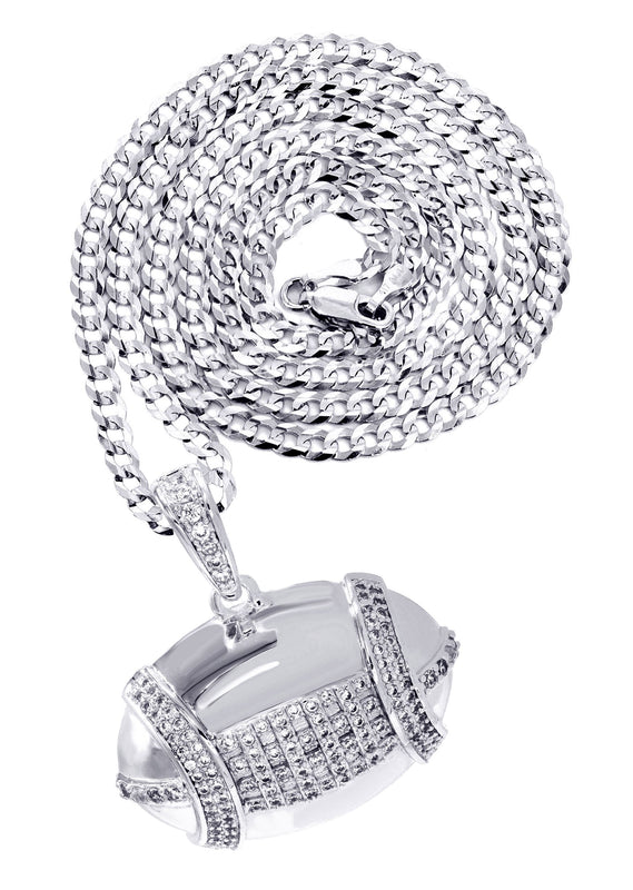 White Gold Plated Cuban Link Chain & Football Pendant | Appx. 15.3 Grams