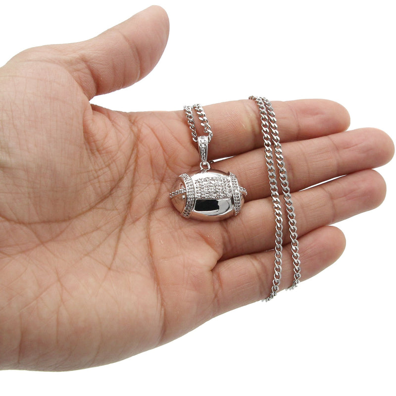 White Gold Plated Cuban Link Chain & Football Pendant | Appx. 15.3 Grams