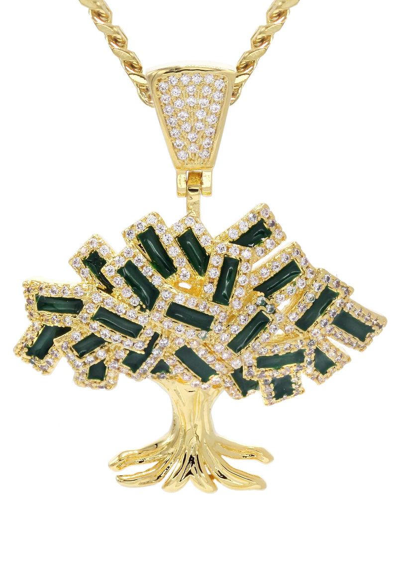 Mens Gold Plated Cuban Link Chain & Tree Pendant | Appx. 17 Grams