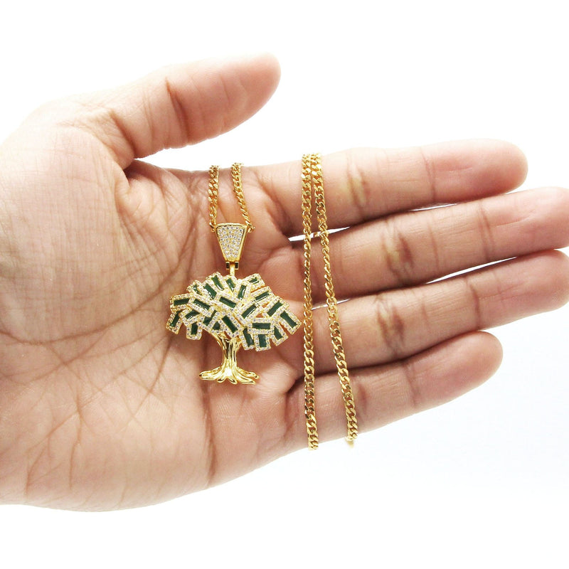Mens Gold Plated Cuban Link Chain & Tree Pendant | Appx. 17 Grams
