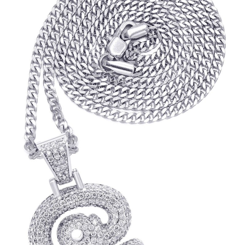 White Gold Plated Cuban Link Chain & @ Pendant | Appx. 18 Grams