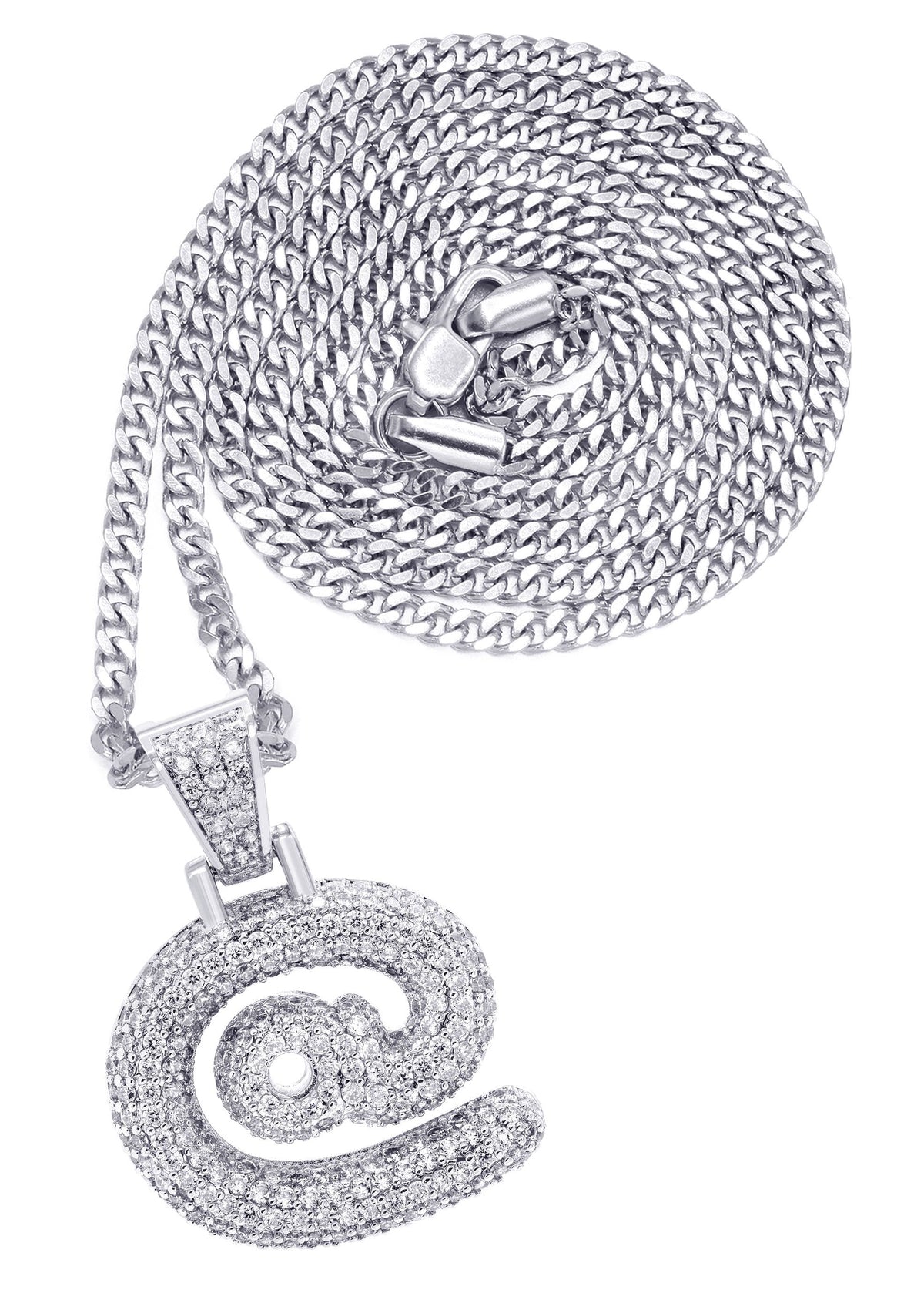 White Gold Plated Cuban Link Chain & @ Pendant | Appx. 18 Grams