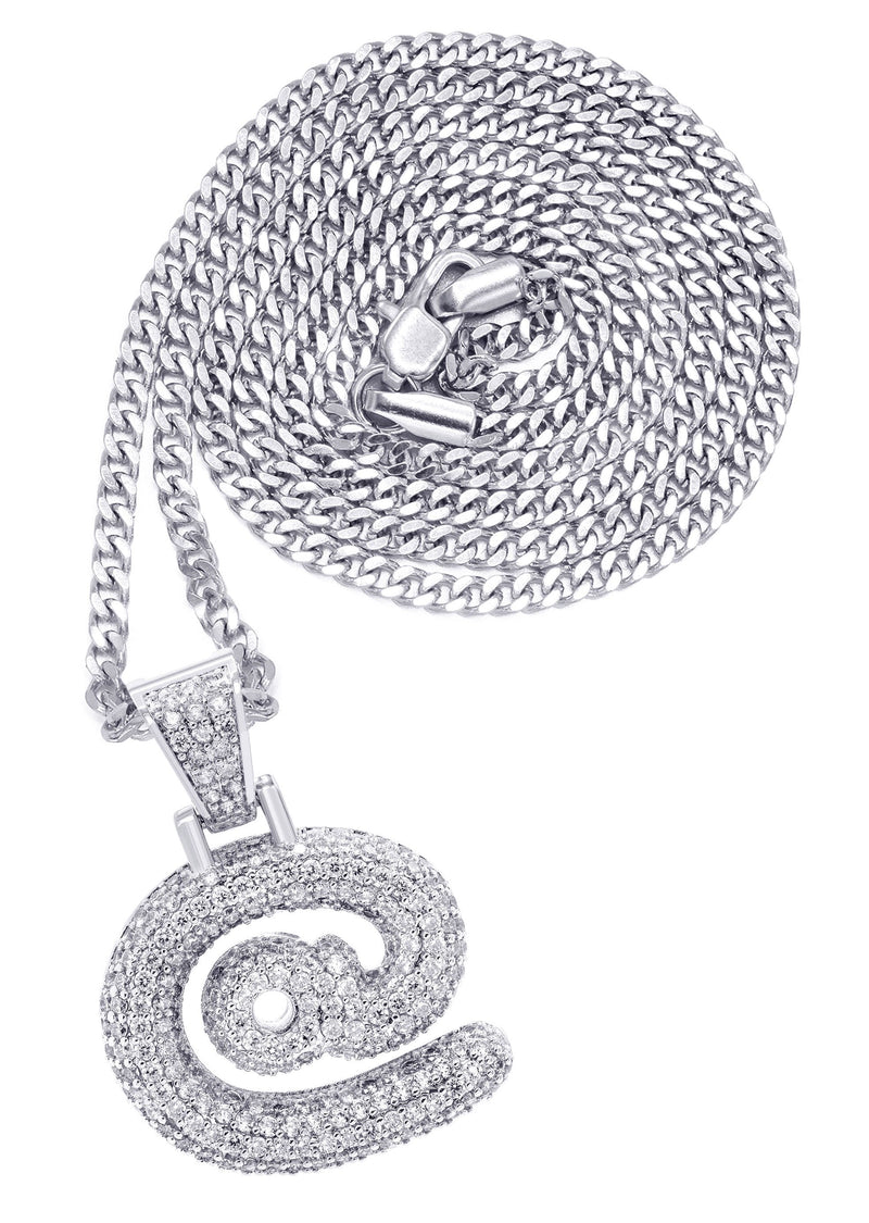 White Gold Plated Cuban Link Chain & @ Pendant | Appx. 18 Grams