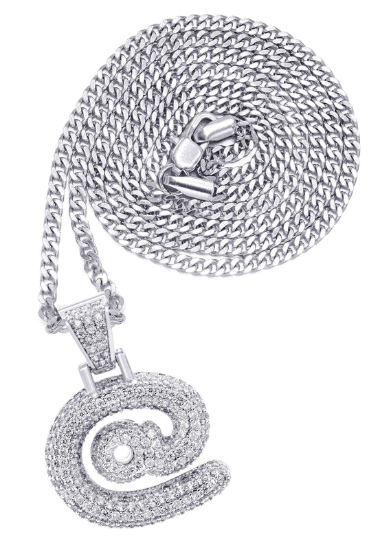 White Gold Plated Cuban Link Chain & @ Pendant | Appx. 18 Grams