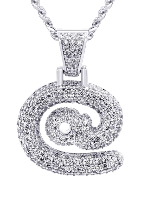 White Gold Plated Cuban Link Chain & @ Pendant | Appx. 18 Grams