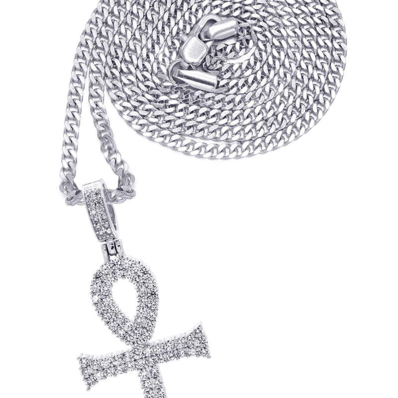 White Gold Plated Cuban Link Chain & Ankh Pendant | Appx. 15.1 Grams