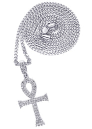 White Gold Plated Cuban Link Chain & Ankh Pendant | Appx. 15.1 Grams