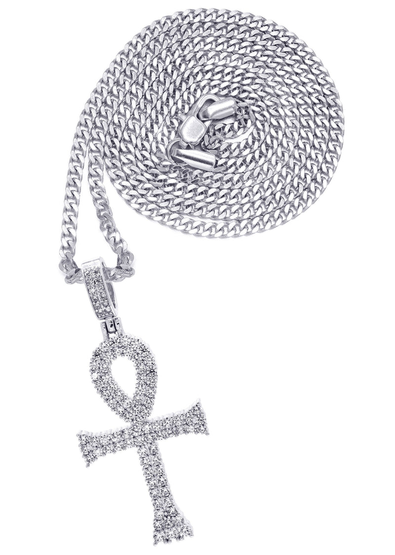 White Gold Plated Cuban Link Chain & Ankh Pendant | Appx. 15.1 Grams