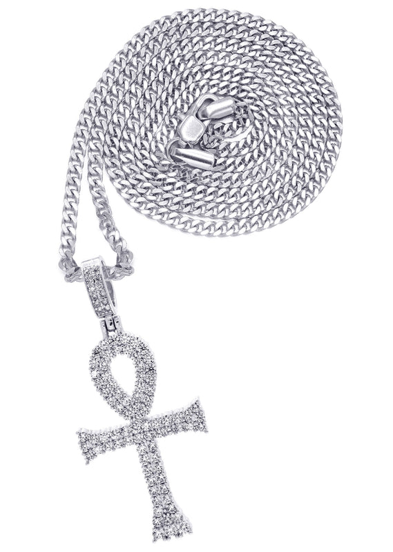 White Gold Plated Cuban Link Chain & Ankh Pendant | Appx. 15.1 Grams