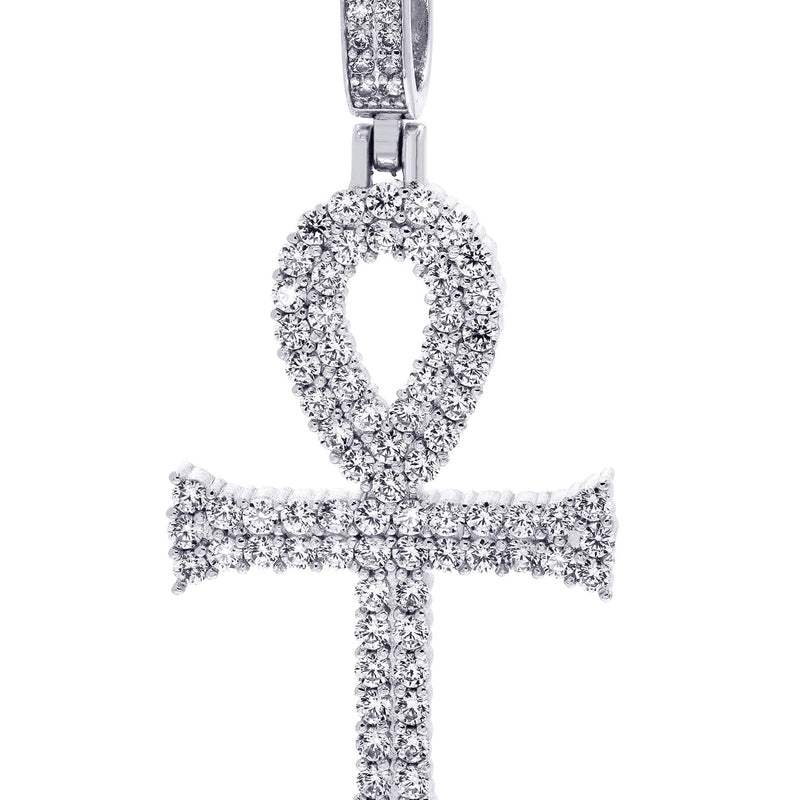 White Gold Plated Cuban Link Chain & Ankh Pendant | Appx. 15.1 Grams