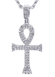 White Gold Plated Cuban Link Chain & Ankh Pendant | Appx. 15.1 Grams
