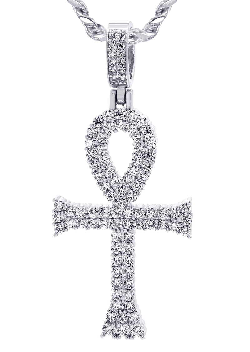 White Gold Plated Cuban Link Chain & Ankh Pendant | Appx. 15.1 Grams