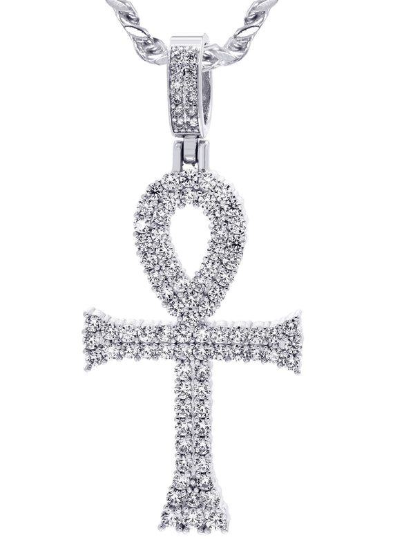White Gold Plated Cuban Link Chain & Ankh Pendant | Appx. 15.1 Grams